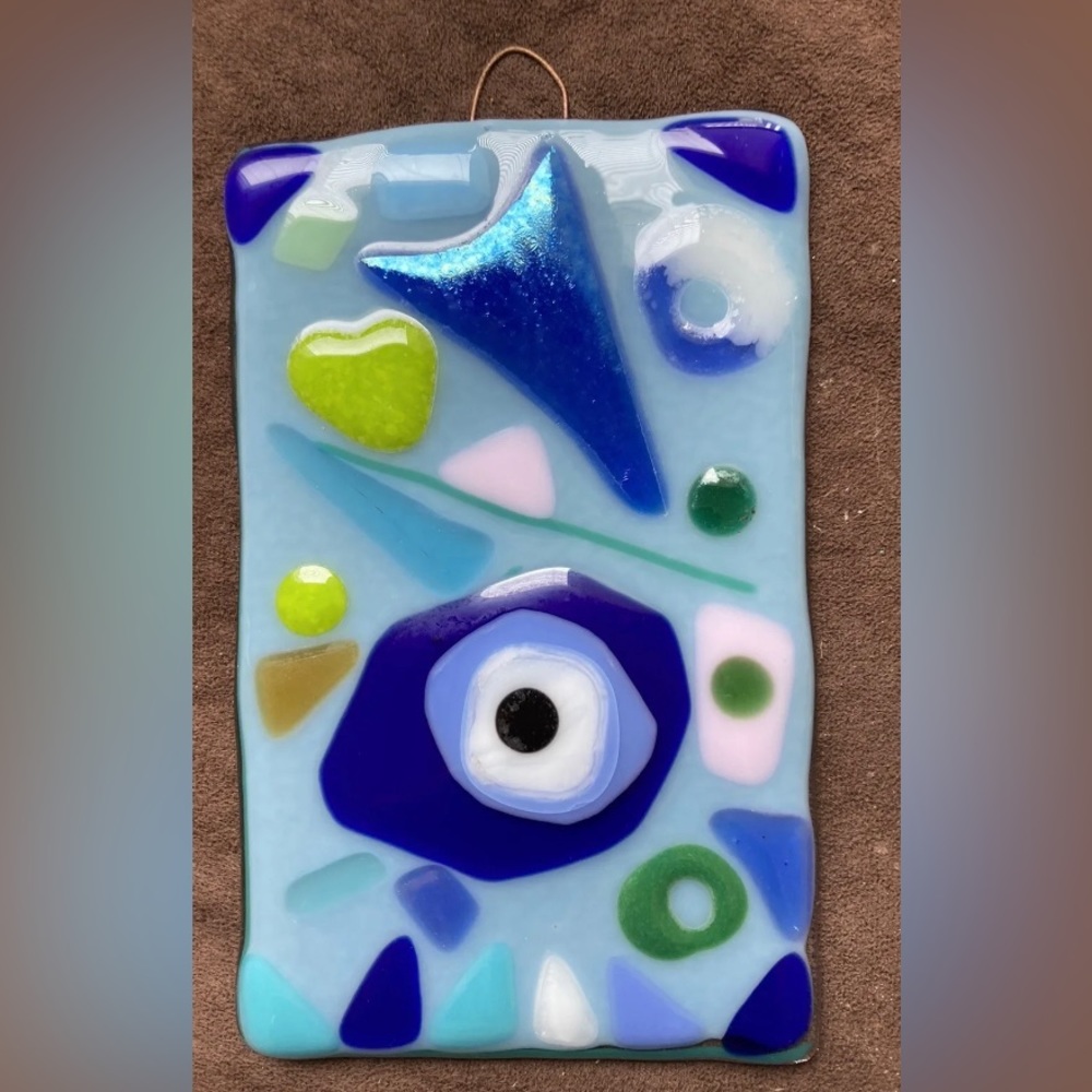 Greek island Magic “Inspired Handmade Fused Art GlassHanging Art Plaque Original